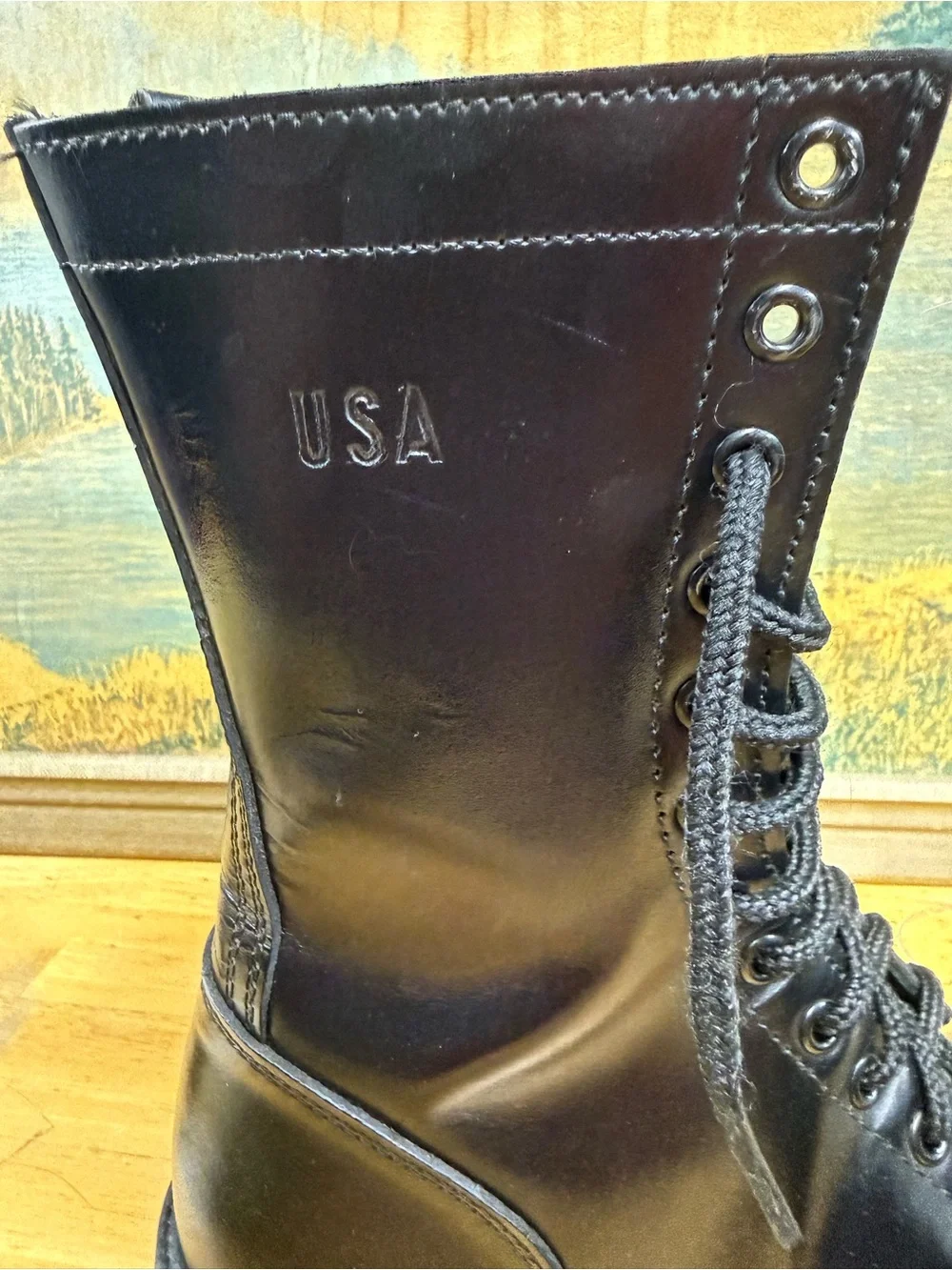 Corcoran 10” black leather jump boots, side zipper, cap toe, size 5R USA stamp